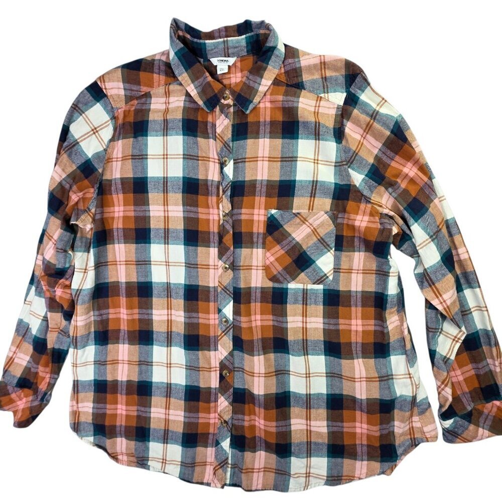 Sonoma Shirt Womens XXL Plaid Flannel Brown Blue Blouse Long Sleeve Button Up